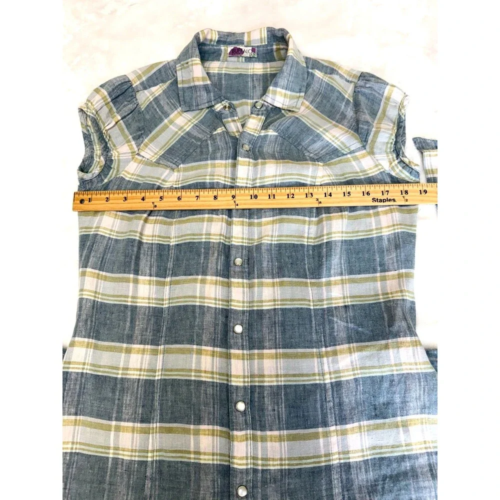 Buffalo David Bitton Plaid Shirt Dress Belted Snap Front Blue Beige Women's S
